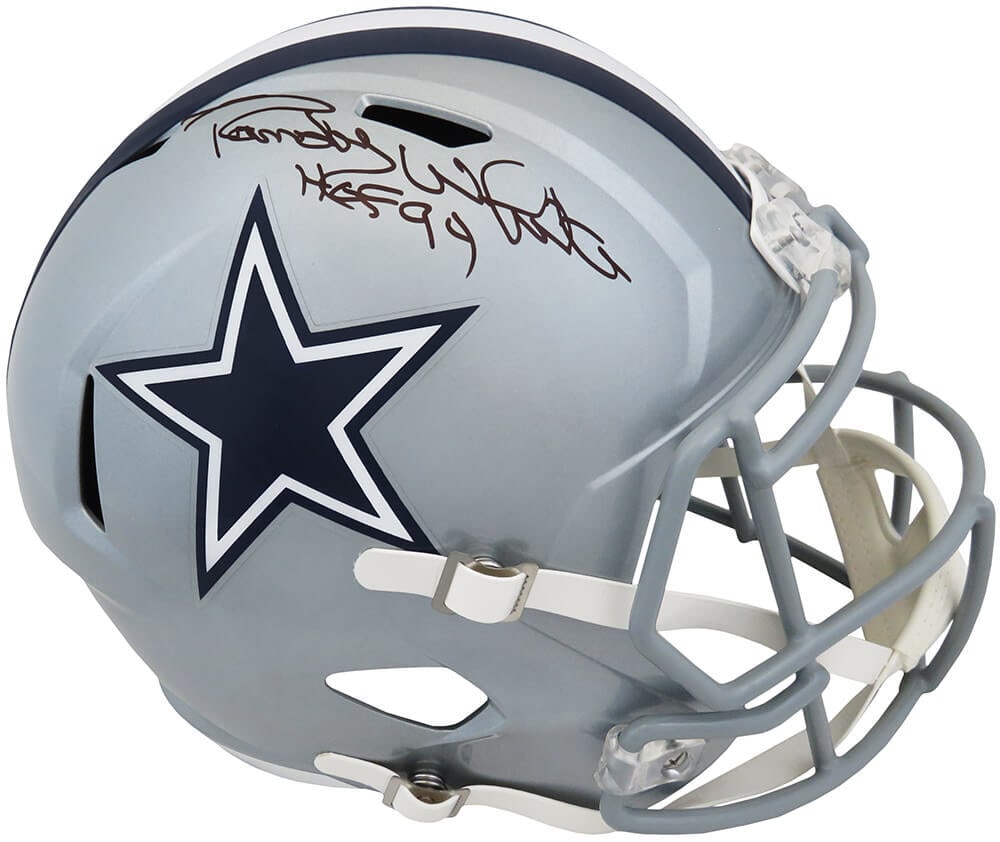 Randy White Signed Cowboys Riddell Full Size Helmet HOF'94 COA: Randy White Signed Cowboys Riddell Full Size Helmet HOF'94 COA This is a signed Randy White Dallas Cowboys Riddell full size speed replica helmet, featuring the inscription 'HOF 94'. The helmet showca
