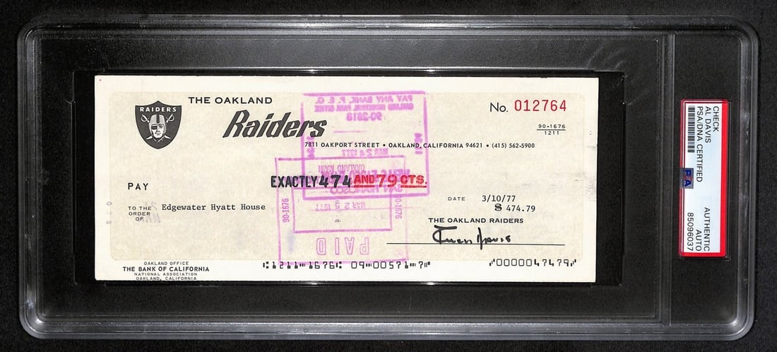 AL Davis Autographed 1977 Oakland Raiders Check PSA/DNA Authentic: AL Davis Autographed 1977 Oakland Raiders Check PSA/DNA Authentic This is a signed and autographed check from Al Davis, the legendary owner of the Oakland Raiders, dated 1977. This unique collectible