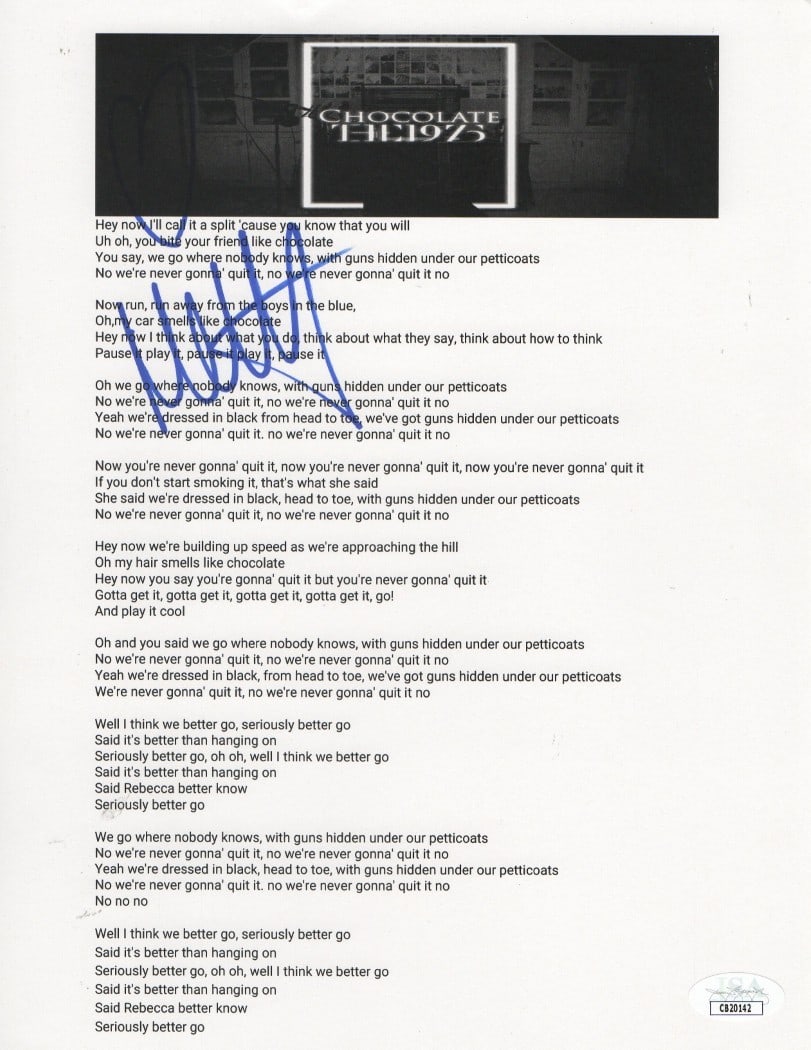 Matt Healy Autographed Lyric Sheet The 1975 JSA Certified (1 of 2)