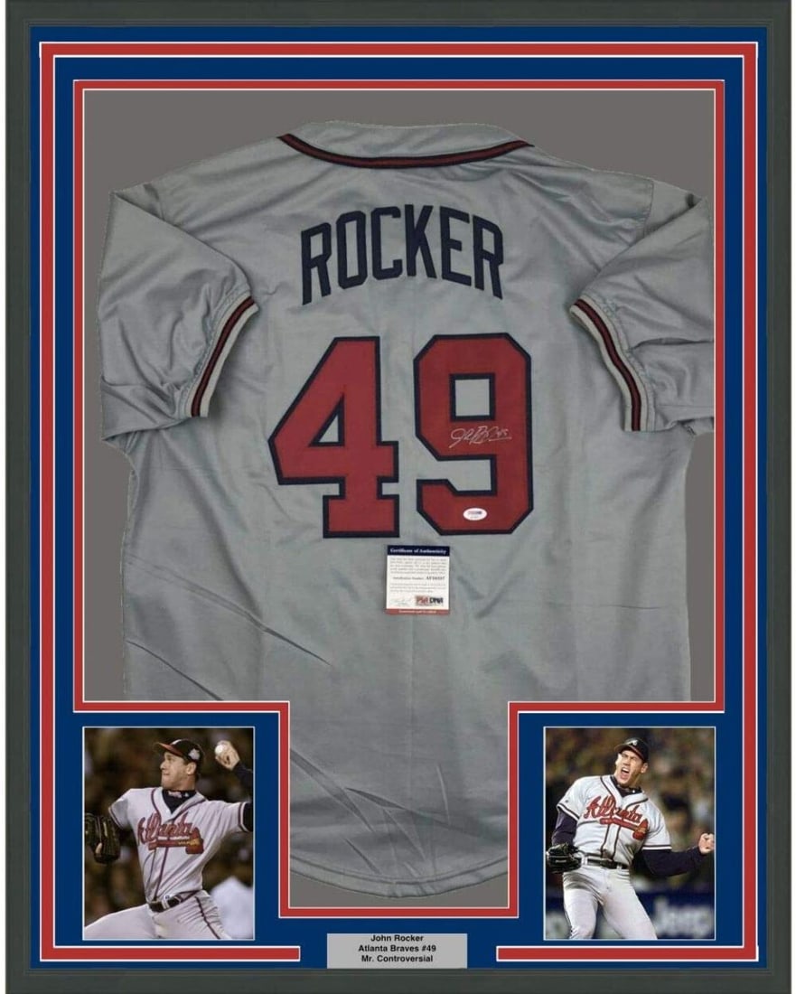 Framed John Rocker Autographed Jersey Atlanta Braves PSA/DNA COA: Framed John Rocker Autographed Jersey Atlanta Braves PSA/DNA COA Showcase your love for baseball with this professionally framed and autographed John Rocker jersey. Measuring an impressive 33"x42", th