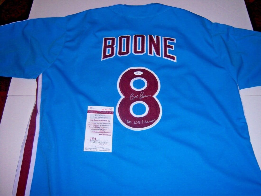 Bob Boone Signed 1980 Phillies World Series Jersey JSA COA: Bob Boone Signed 1980 Phillies World Series Jersey JSA COA This is an original, hand-signed jersey commemorating BOB BOONE and the PHILADELPHIA PHILLIES' 1980 World Series Championship. The jersey is