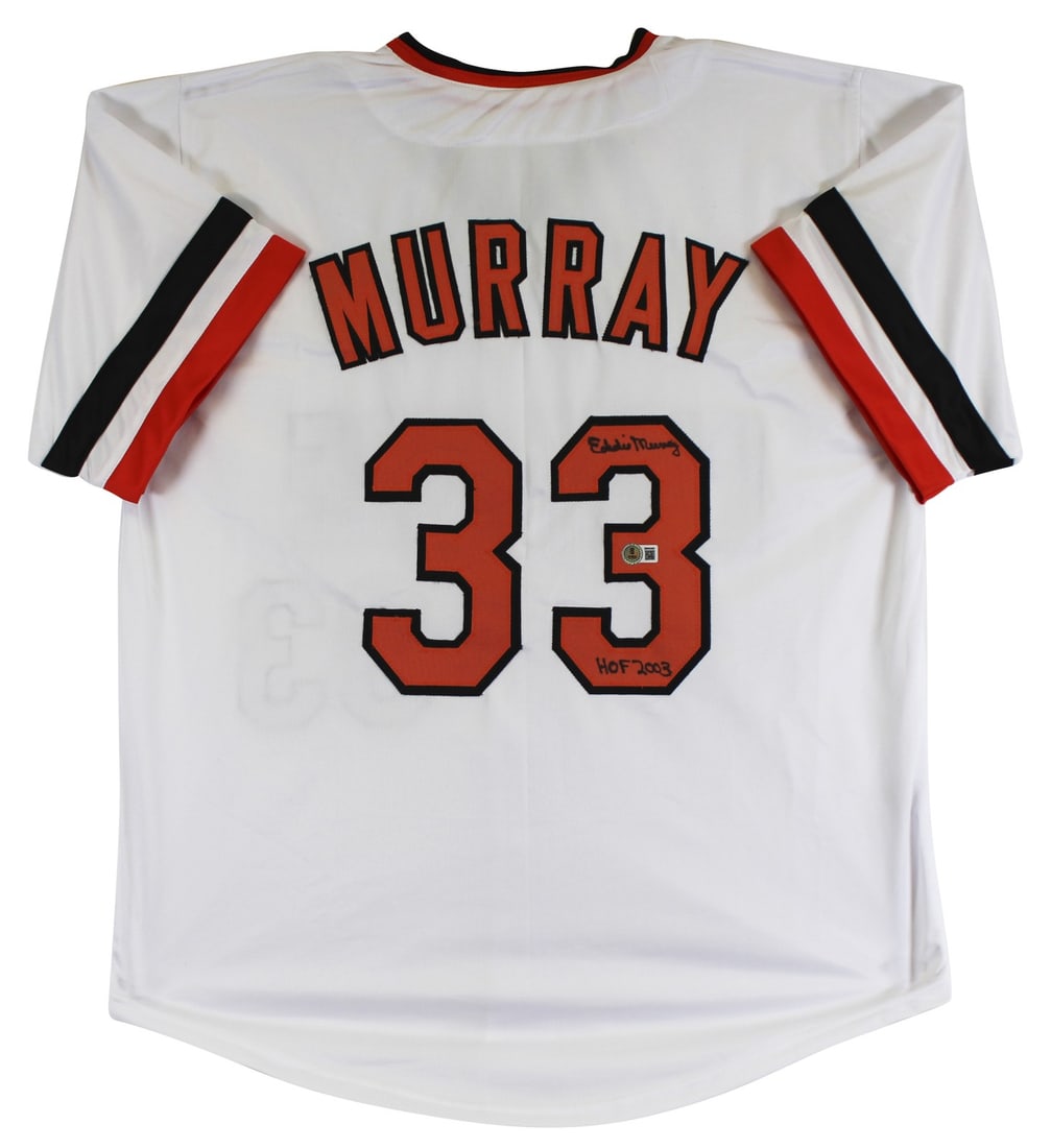 Eddie Murray Signed White Pro Style Jersey HOF 03 BAS Authenticated: Eddie Murray Signed White Pro Style Jersey HOF 03 BAS Authenticated This authentic white pro style jersey, personally signed by Eddie Murray, features the inscription "HOF 03" and represents the Balti