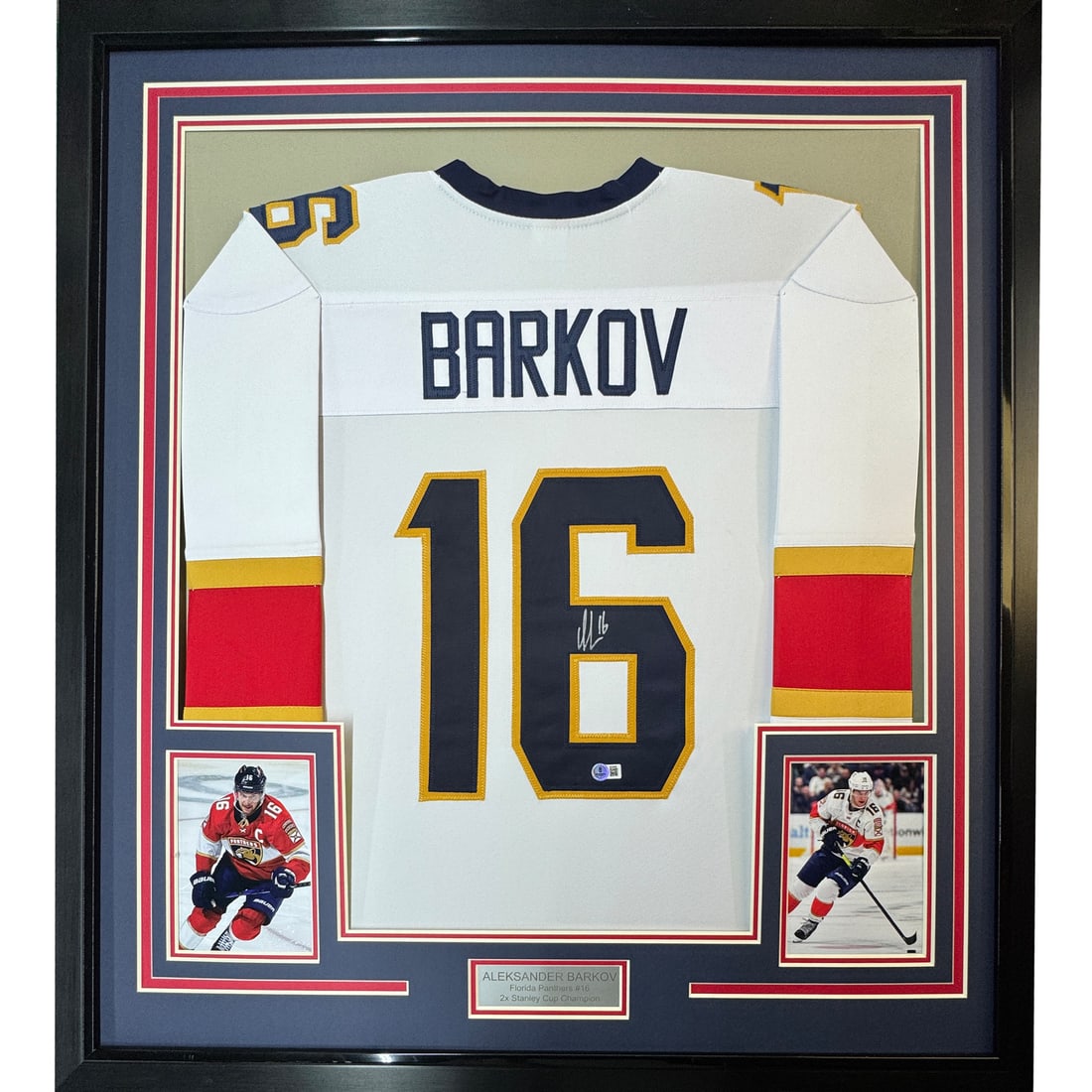 Framed Aleksander Barkov Autographed Jersey Florida Panthers JSA COA: Framed Aleksander Barkov Autographed Jersey Florida Panthers JSA COA Showcase your passion for hockey with this stunning framed autographed Aleksander Barkov Florida Panthers white jersey. Measuring 3