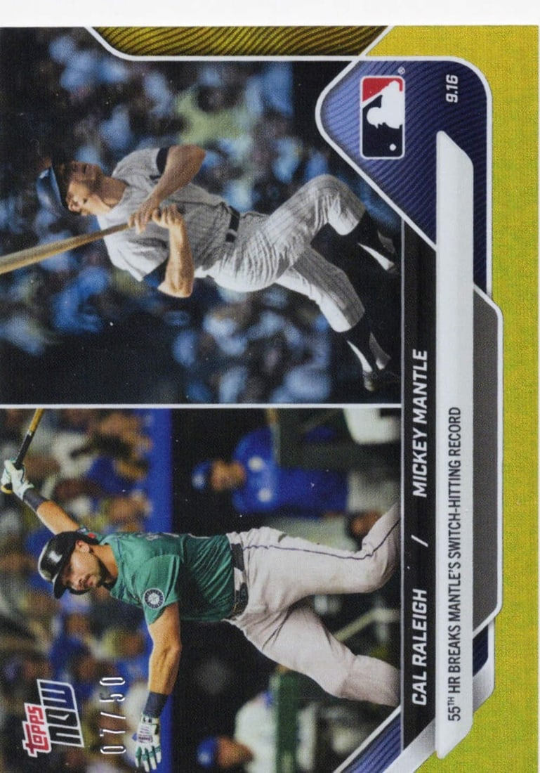 2025 Topps Now Cal Raleigh Mickey Mantle Gold Foil #719 /50 Card: 2025 Topps Now Cal Raleigh Mickey Mantle Gold Foil #719 /50 Card This is a rare 2025 Topps Now Cal Raleigh/Mickey Mantle #719 Gold Foil Baseball Card, limited to just 50 copies. It features dual athle
