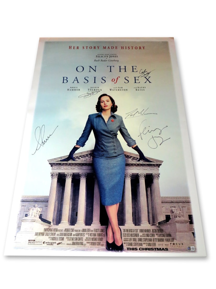 On The Basis of Sex Signed Poster 27X40 Beckett Authenticated: On The Basis of Sex Signed Poster 27X40 Beckett Authenticated This is an original autographed 27x40 poster from the film "On The Basis of Sex" featuring signatures from the cast members Armie Hammer,