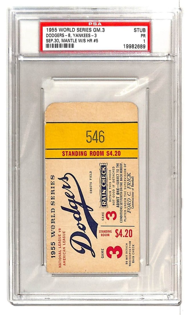 1955 World Series Game 3 Ticket Dodgers vs Yankees Mantle HR#5 PSA 1 (1 of 3)