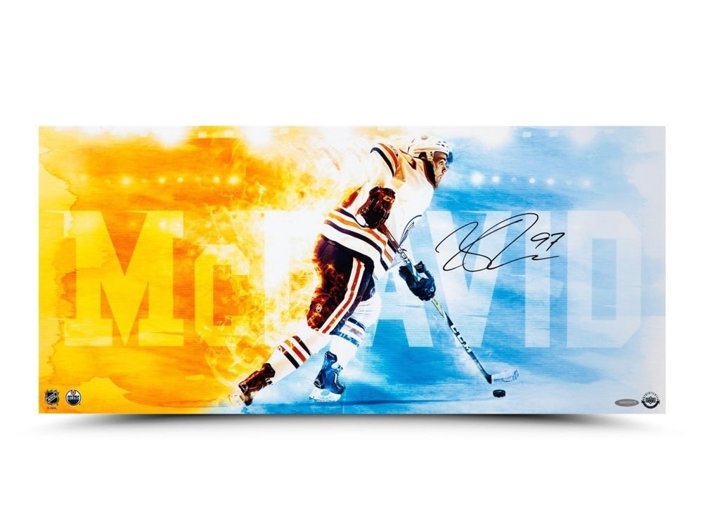 Connor McDavid Signed 12x26 Photo Fire Speed Edmonton Oilers Upper Deck: Connor McDavid Signed 12x26 Photo Fire Speed Edmonton Oilers Upper Deck Capture the essence of Connor McDavid's incredible speed with this autographed 12x26 photo titled "Fire Speed." This original pi
