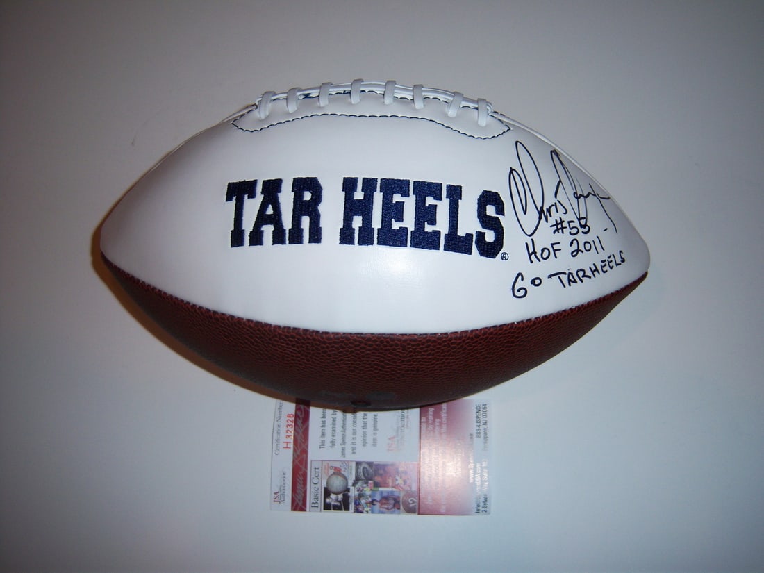 Chris Hanburger Signed Football JSA COA North Carolina Tar Heels HOF: Chris Hanburger Signed Football JSA COA North Carolina Tar Heels HOF This is a signed football by Chris Hanburger, a Hall of Fame player associated with the North Carolina Tar Heels. The item is a col