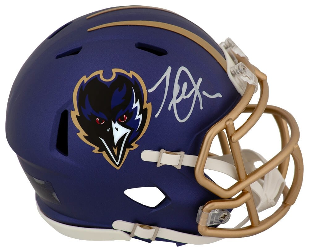 Terrell Suggs Signed Ravens 2024 Purple Mini Helmet with COA: Terrell Suggs Signed Ravens 2024 Purple Mini Helmet with COA This is a signed mini helmet of Terrell Suggs, featuring the Baltimore Ravens' 2024 alternate purple design. It is a Riddell Speed model, p