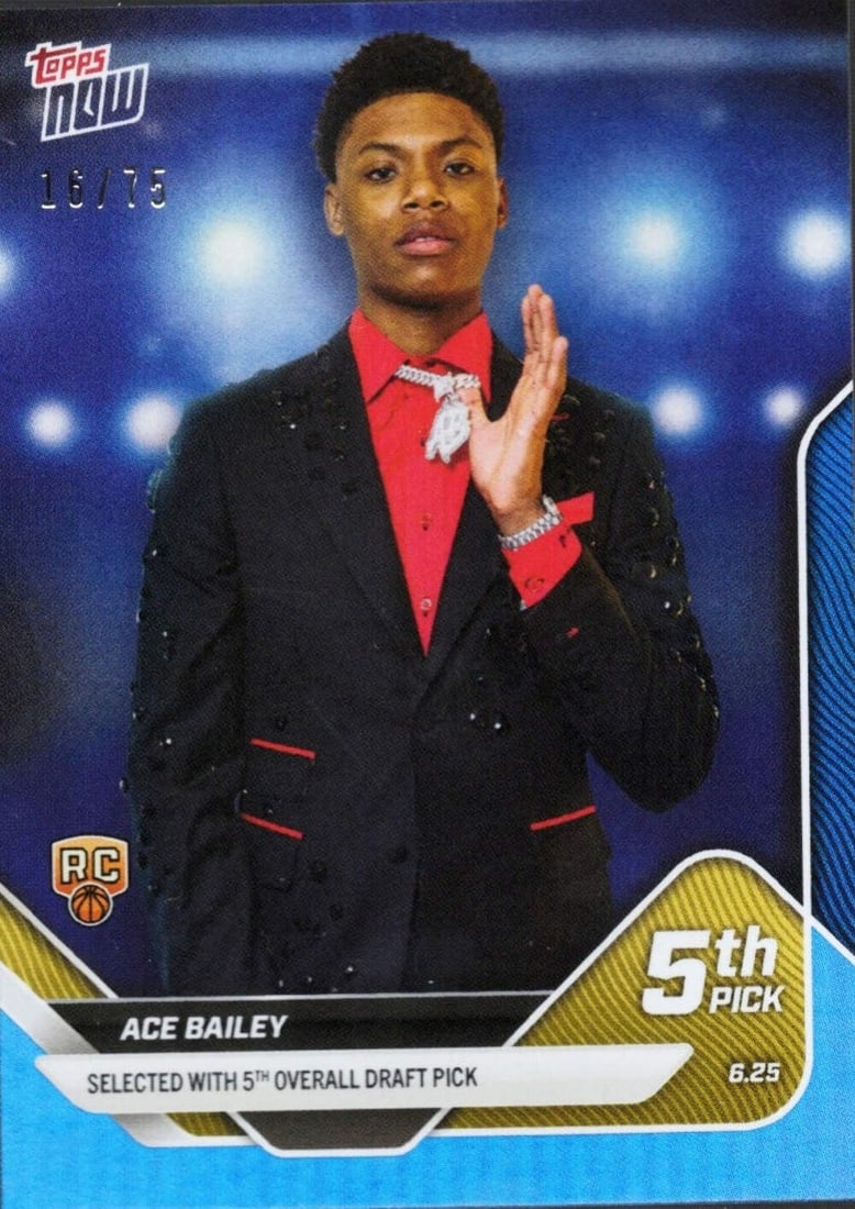 2025 Topps Now Ace Bailey Rookie Blue Foil /75 Utah Jazz Card: 2025 Topps Now Ace Bailey Rookie Blue Foil /75 Utah Jazz Card This is a 2025 Topps Now Ace Bailey #D5 Blue Foil basketball card, featuring the rookie card of Ace Bailey, who plays for the Utah Jazz. T