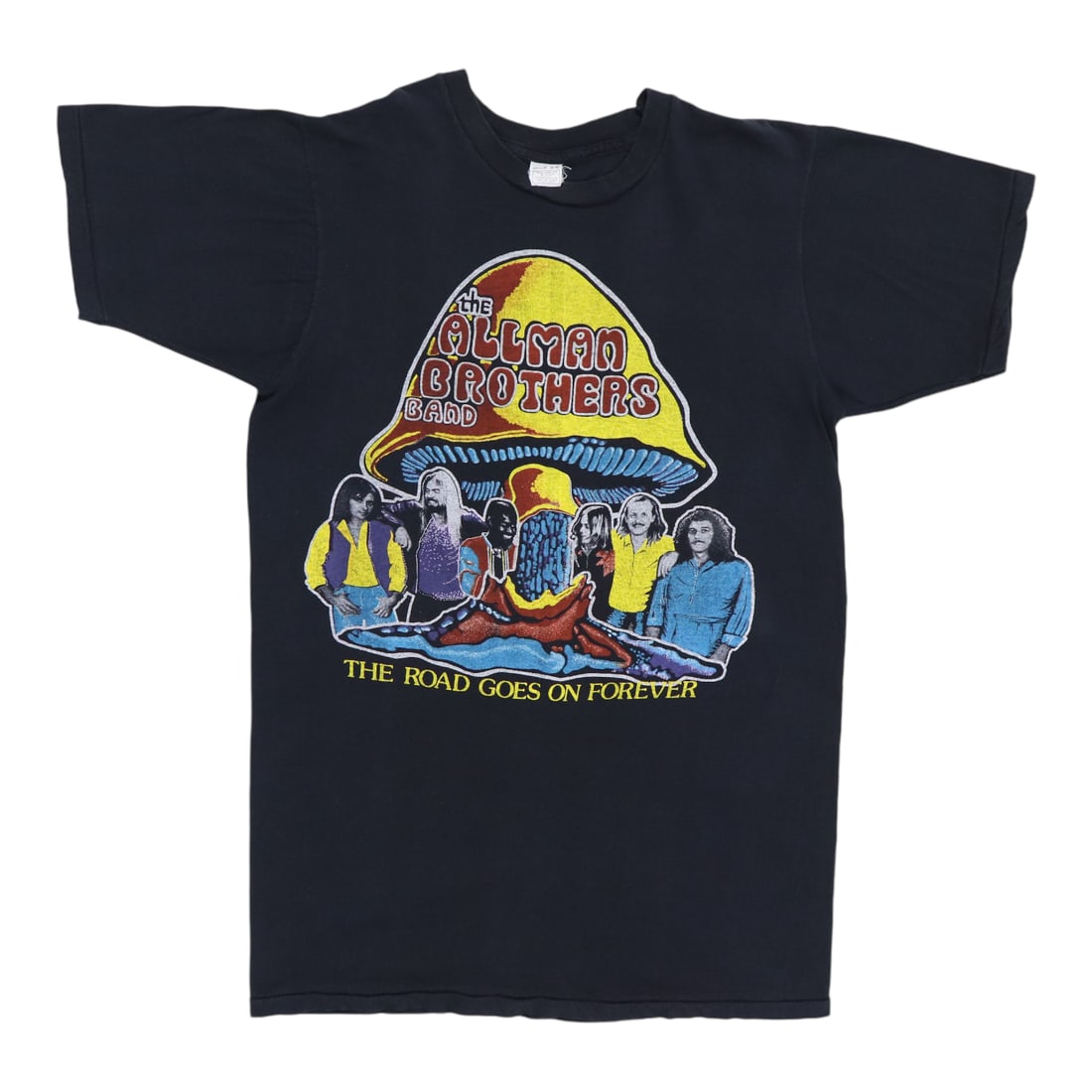 Vintage 1970s Allman Brothers Road Goes On Forever Black Cotton Shirt: Vintage 1970s Allman Brothers Road Goes On Forever Black Cotton Shirt This is an original vintage Allman Brothers "Road Goes On Forever" shirt from the 1970s. The shirt features graphics on both the f