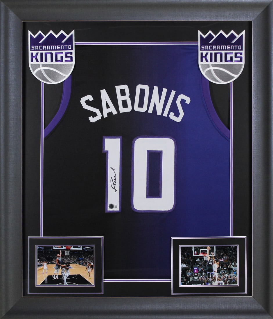 Domantas Sabonis Signed Sacramento Kings Framed Jersey BAS Authenticated: Domantas Sabonis Signed Sacramento Kings Framed Jersey BAS Authenticated This autographed purple and black two-tone pro-style framed jersey features the signature of Domantas Sabonis, a prominent play
