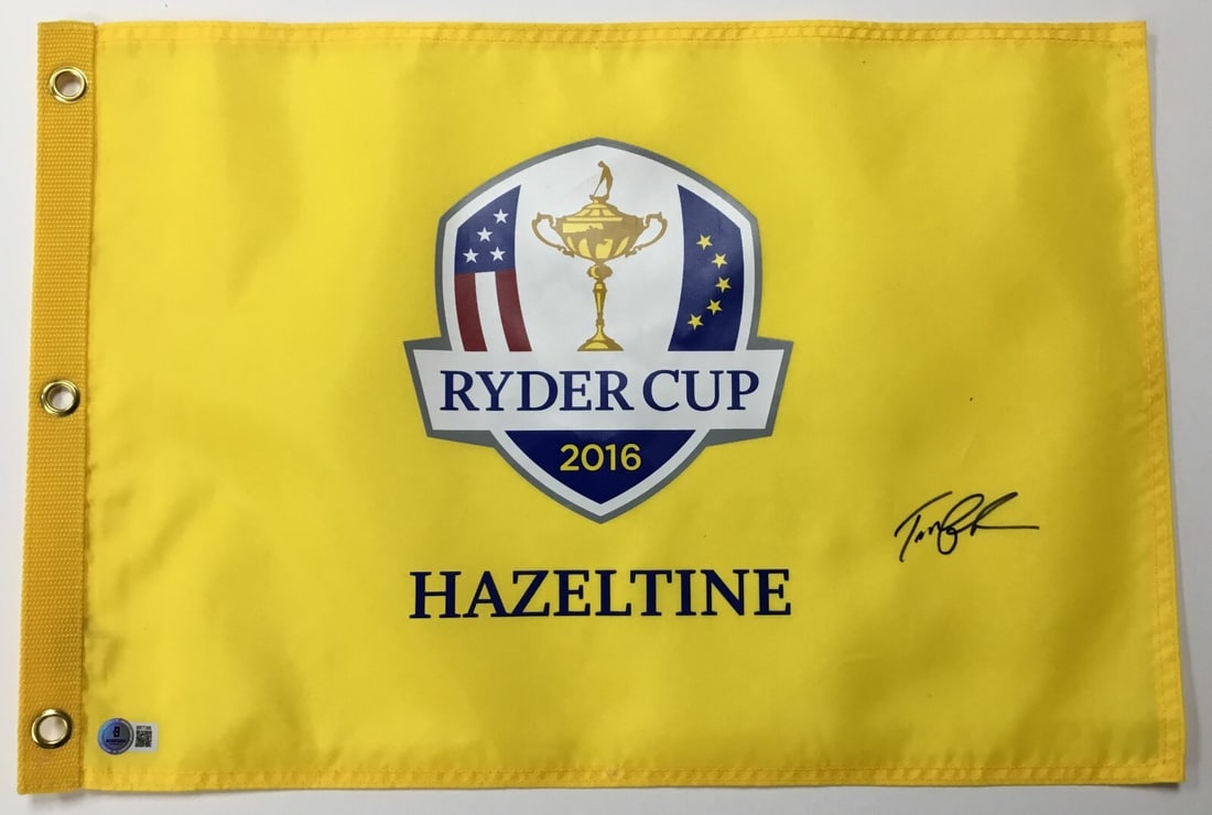 Tom Lehman Signed 2016 Ryder Cup Hazeltine Flag Beckett Authenticated: Tom Lehman Signed 2016 Ryder Cup Hazeltine Flag Beckett Authenticated Celebrate the legacy of golf with this officially licensed 2016 Ryder Cup Hazeltine pin flag, signed by PGA star Tom Lehman. This