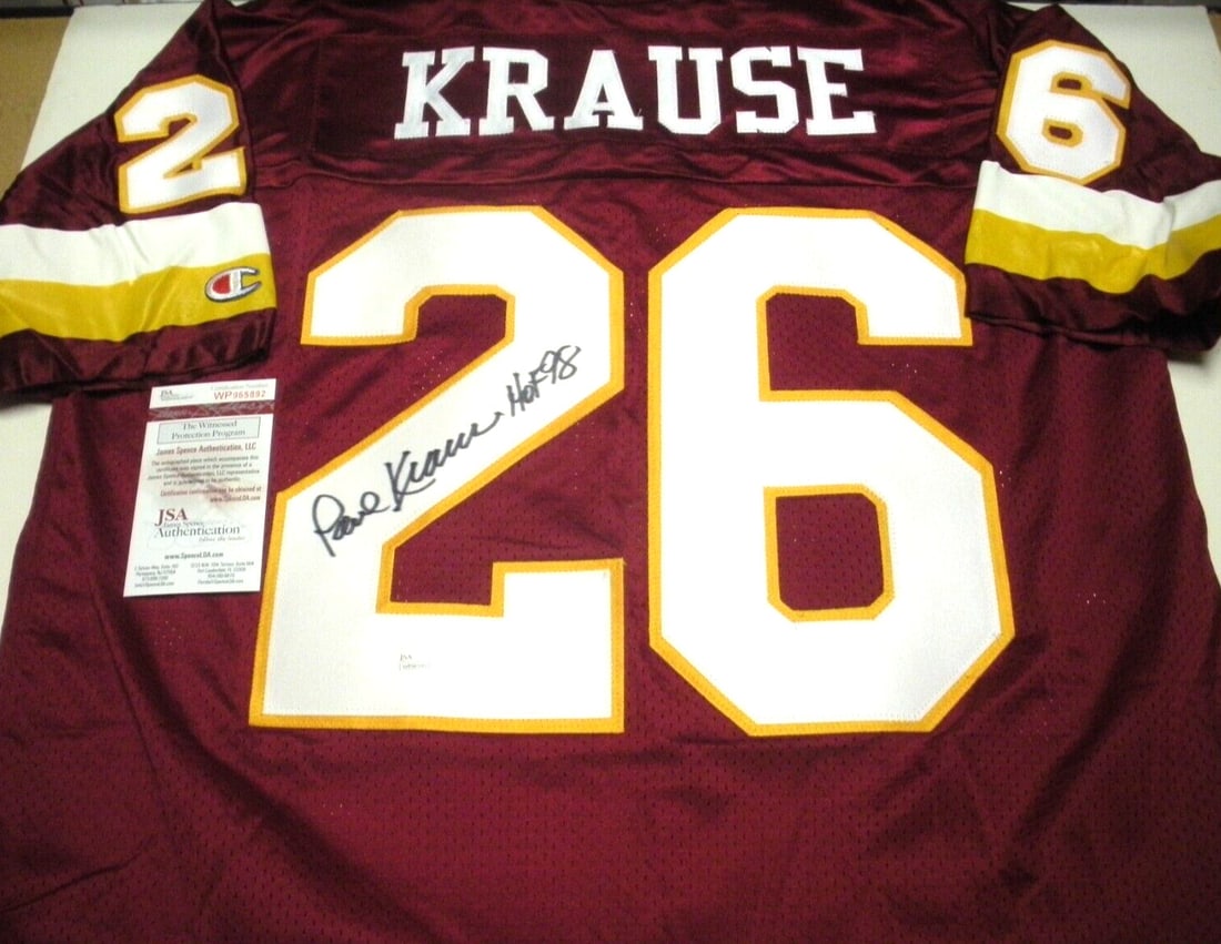 Paul Krause Signed Washington Redskins Champion Jersey with JSA COA: Paul Krause Signed Washington Redskins Champion Jersey with JSA COA This officially licensed Champion jersey features the signature of Paul Krause, a renowned player for the Washington Redskins. The j
