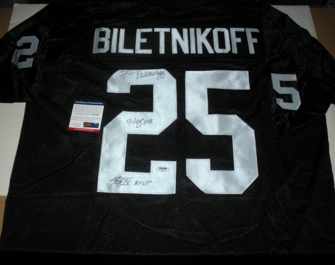 FRED BILETNIKOFF Signed Raiders Reebok Jersey with PSA/DNA COA: FRED BILETNIKOFF Signed Raiders Reebok Jersey with PSA/DNA COA Celebrate football history with this officially licensed Reebok jersey, signed by the legendary Fred Biletnikoff. This original piece is