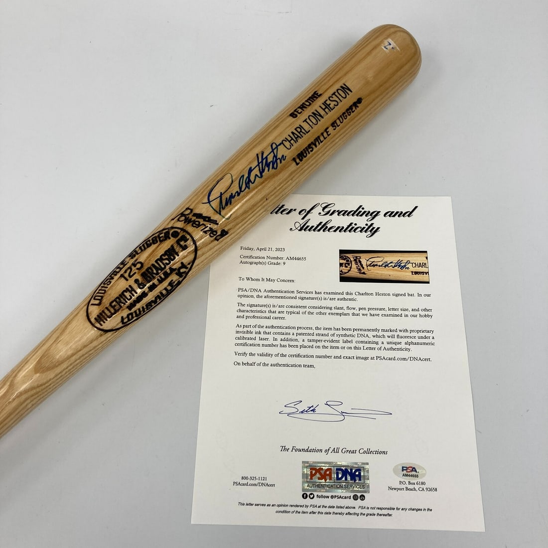 Charlton Heston Signed Louisville Slugger Baseball Bat PSA MINT 9: Charlton Heston Signed Louisville Slugger Baseball Bat PSA MINT 9 This rare Charlton Heston signed game model Louisville Slugger baseball bat is a must-have for collectors and fans alike. The bat feat