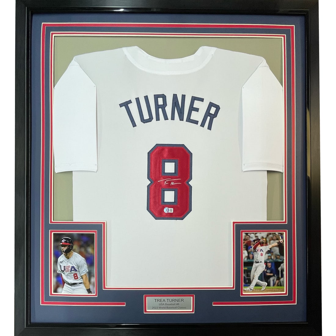 Framed Trea Turner Autographed USA Jersey with Beckett COA: Framed Trea Turner Autographed USA Jersey with Beckett COA This professionally framed and matted piece features an autographed Trea Turner USA white jersey, certified by Beckett Grading Services. Acco