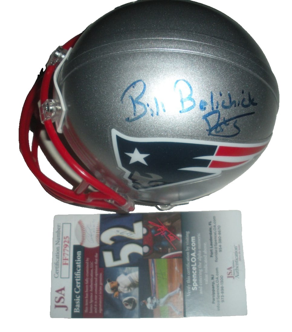 Bill Belichick New England Patriots Signed Mini Helmet with JSA COA: Bill Belichick New England Patriots Signed Mini Helmet with JSA COA This collectible mini helmet is a rare signed piece by Bill Belichick, the renowned coach of the New England Patriots. It features a