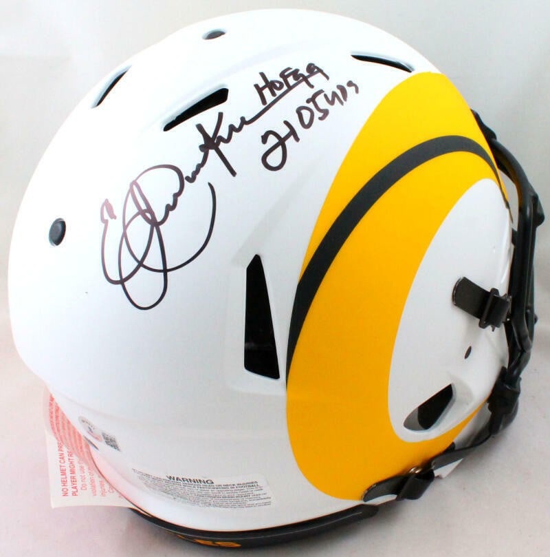 Eric Dickerson Autographed Rams Lunar Speed Helmet Beckett Authenticated: Eric Dickerson Autographed Rams Lunar Speed Helmet Beckett Authenticated This authentic lunar speed helmet is signed by legendary player Eric Dickerson, showcasing his autograph along with two inscrip