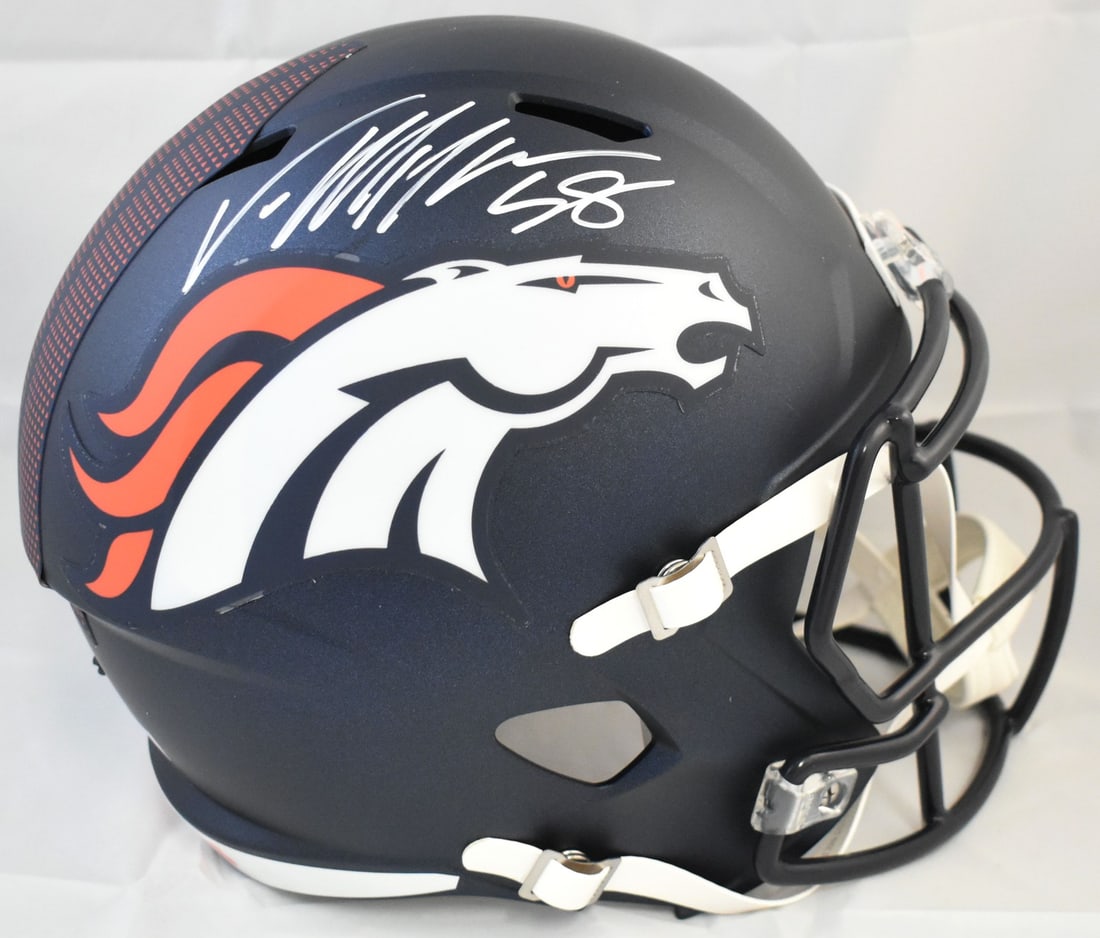 Von Miller Signed Denver Broncos Full Size Speed Helmet Beckett Hologram: Von Miller Signed Denver Broncos Full Size Speed Helmet Beckett Hologram This is an authentic, full-sized Denver Broncos speed helmet autographed by NFL star Von Miller. The helmet showcases the iconi
