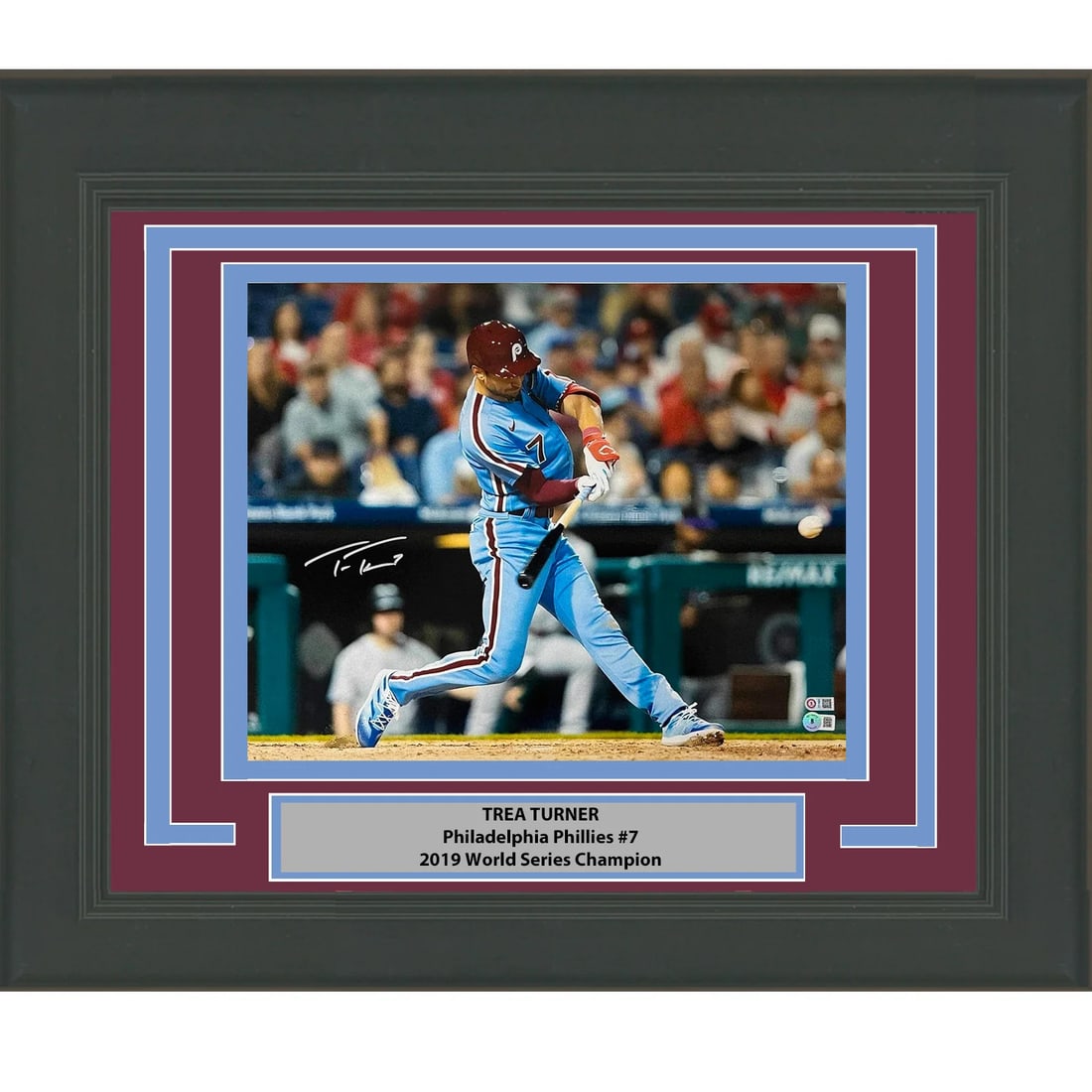 Framed Trea Turner Autographed 16x20 Photo Philadelphia Phillies BAS COA: Framed Trea Turner Autographed 16x20 Photo Philadelphia Phillies BAS COA Capture a piece of baseball history with this professionally framed and matted 16x20 photo of Trea Turner, a standout player fo