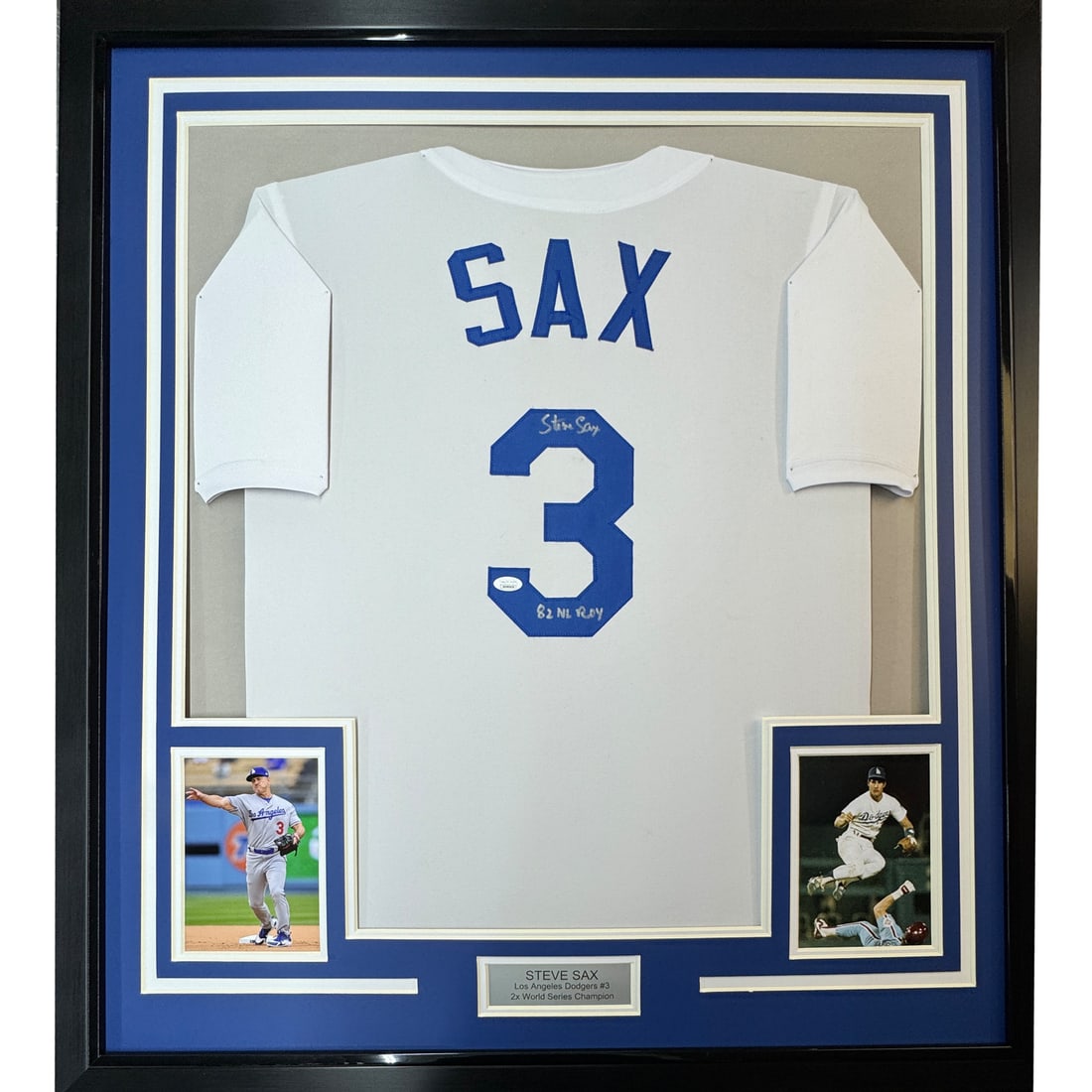 Framed Steve Sax Autographed Dodgers White Jersey with JSA COA: Framed Steve Sax Autographed Dodgers White Jersey with JSA COA Celebrate your love for baseball with this professionally framed and autographed Steve Sax Los Angeles Dodgers jersey. Measuring 35 inche