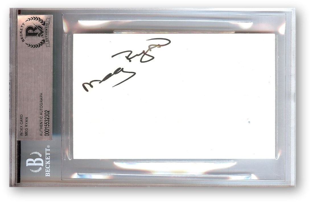 Meg Ryan Autographed Index Card When Harry Met Sally Beckett Authenticated 4.5 x 7: Meg Ryan Autographed Index Card When Harry Met Sally Beckett Authenticated 4.5 x 7 This is an original autographed index card signed by Meg Ryan, known for her iconic role in "When Harry Met Sally." T