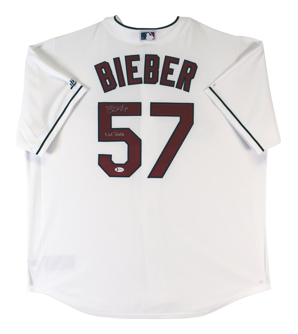 Shane Bieber Signed White Majestic Jersey Not Justin BAS Witnessed: Shane Bieber Signed White Majestic Jersey Not Justin BAS Witnessed Celebrate your love for baseball with this autographed Shane Bieber White Majestic Cool Base Jersey, featuring the playful inscriptio