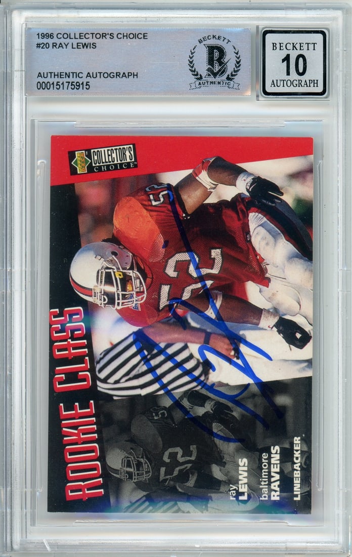 1996 Ray Lewis RC Autographed #20 BGS 10 Baltimore Ravens NFL Card (1 of 2)