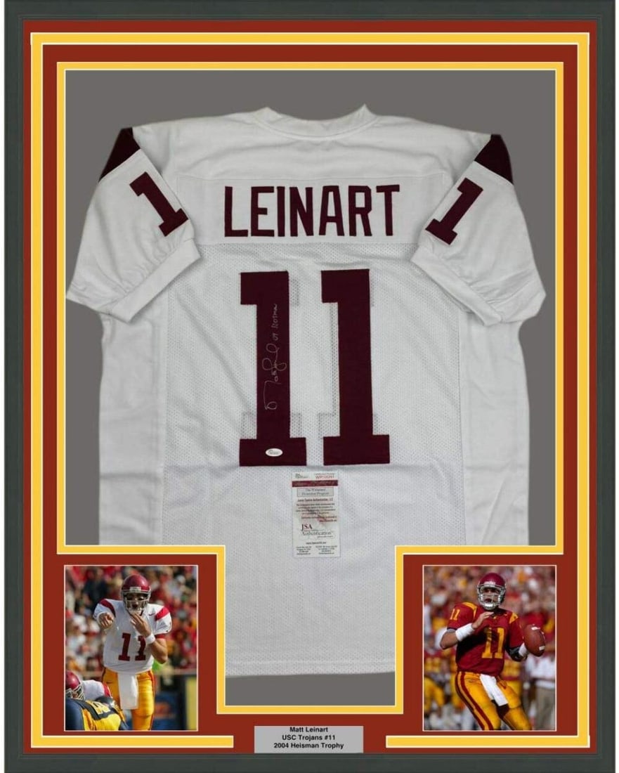 Framed Autographed Matt Leinart 2004 Heisman USC Jersey JSA COA 33x42: Framed Autographed Matt Leinart 2004 Heisman USC Jersey JSA COA 33x42 Celebrate the legacy of Matt Leinart with this professionally framed and autographed 2004 Heisman Trophy USC white jersey. This im