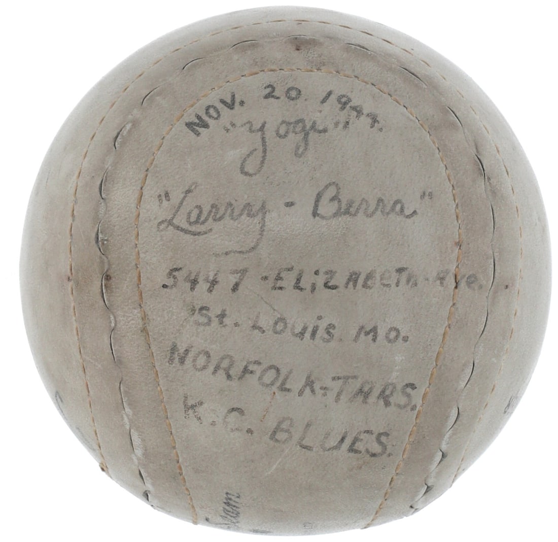 Yogi Berra Signed 1944 Baseball with Address Beckett Authenticated: Yogi Berra Signed 1944 Baseball with Address Beckett Authenticated This is an extraordinary piece of baseball memorabilia: an earliest known single signed baseball by Hall of Famer Yogi Berra, dating