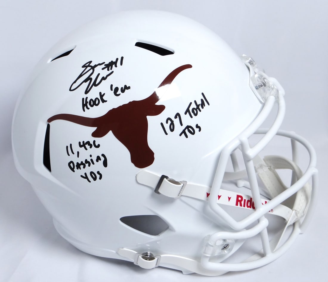 Sam Ehlinger Signed Texas Longhorns F/S Speed Helmet with Inscriptions JSA W: Sam Ehlinger Signed Texas Longhorns F/S Speed Helmet with Inscriptions JSA W This Texas Longhorns full-size speed helmet is autographed by Sam Ehlinger and features three inscriptions. It is an origin