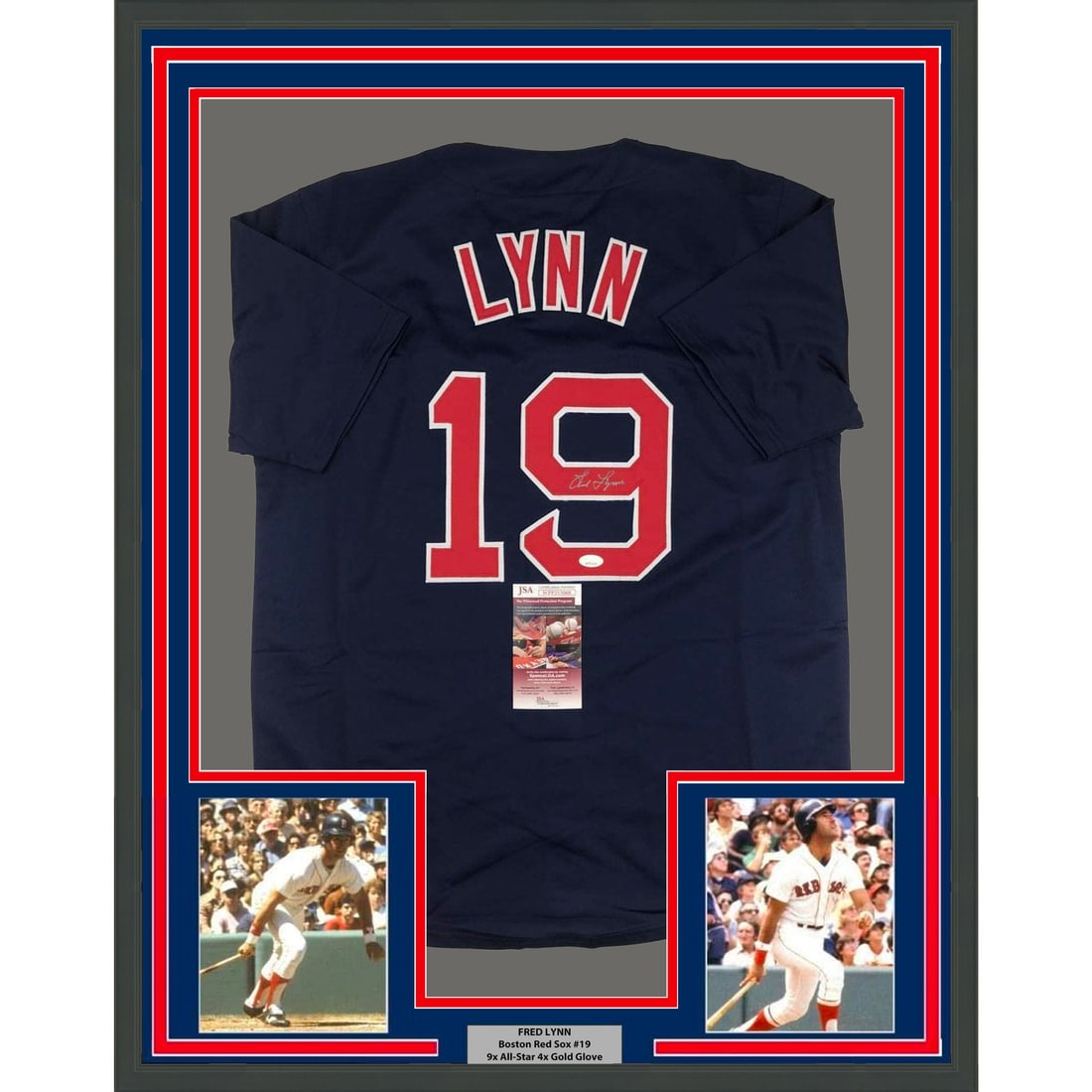 Framed Autographed Fred Lynn Boston Red Sox Jersey with JSA COA: Framed Autographed Fred Lynn Boston Red Sox Jersey with JSA COA This professionally framed and matted jersey features an authentic autograph from baseball legend Fred Lynn, renowned for his time with