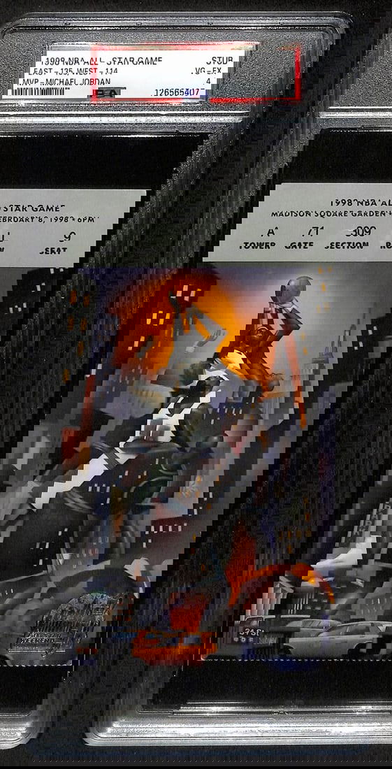 1998 NBA All-Star Game Ticket Stub Michael Jordan MVP PSA VG-EX 4: 1998 NBA All-Star Game Ticket Stub Michael Jordan MVP PSA VG-EX 4 Celebrate one of basketball's greatest moments with this original ticket stub from the February 8, 1998 NBA All-Star Game, where Micha