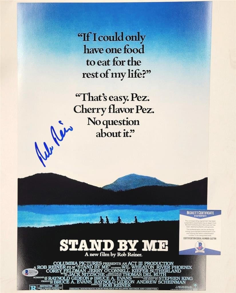 Rob Reiner Signed Stand By Me Movie Poster 12x18 Beckett BAS: Rob Reiner Signed Stand By Me Movie Poster 12x18 Beckett BAS This is an original 12x18 movie poster photograph of the iconic film 'Stand By Me,' signed by director Rob Reiner. The poster is a great co