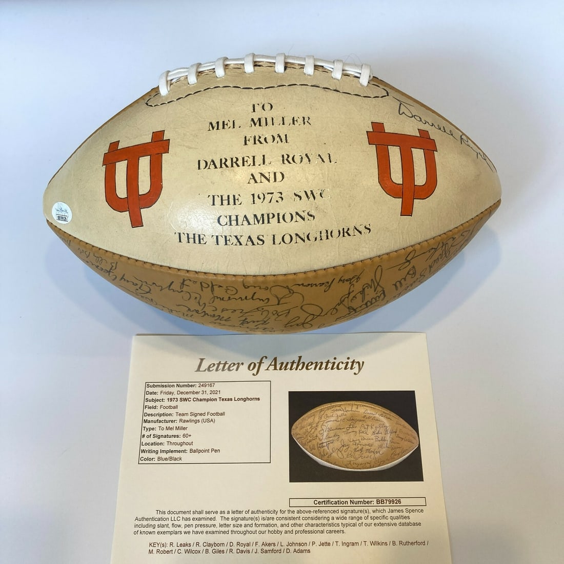 1973 Texas Longhorns Team Signed Football 60+ Autographs JSA COA: 1973 Texas Longhorns Team Signed Football 60+ Autographs JSA COA This rare 1973 Texas Longhorns team-signed football features over 50 signatures from the legendary team that claimed the SWC Championsh