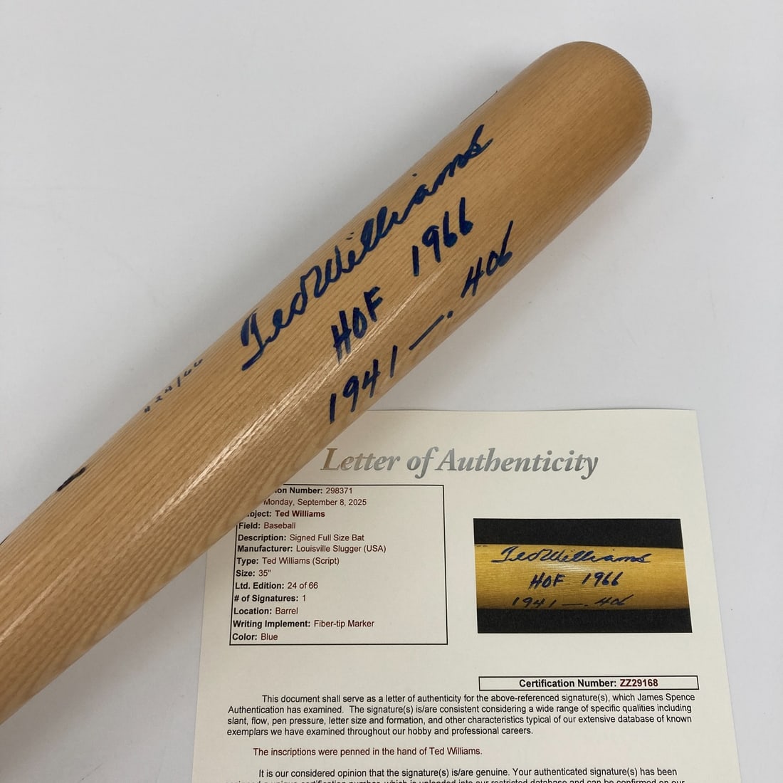 Ted Williams Signed Inscribed Baseball Bat Limited Edition 24/66 JSA: Ted Williams Signed Inscribed Baseball Bat Limited Edition 24/66 JSA This limited edition Ted Williams signed baseball bat is a must-have for any collector. Measuring 34.5 inches in length, the bat is