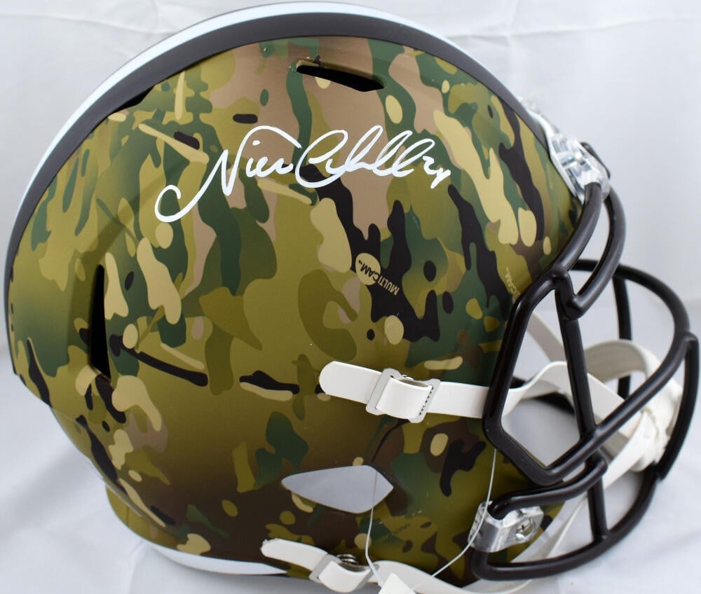 Nick Chubb Autographed Cleveland Browns Camo Speed Helmet Beckett Auth: Nick Chubb Autographed Cleveland Browns Camo Speed Helmet Beckett Auth This authentic Nick Chubb autographed full-size camouflage speed helmet is a must-have for any Cleveland Browns fan. The helmet f