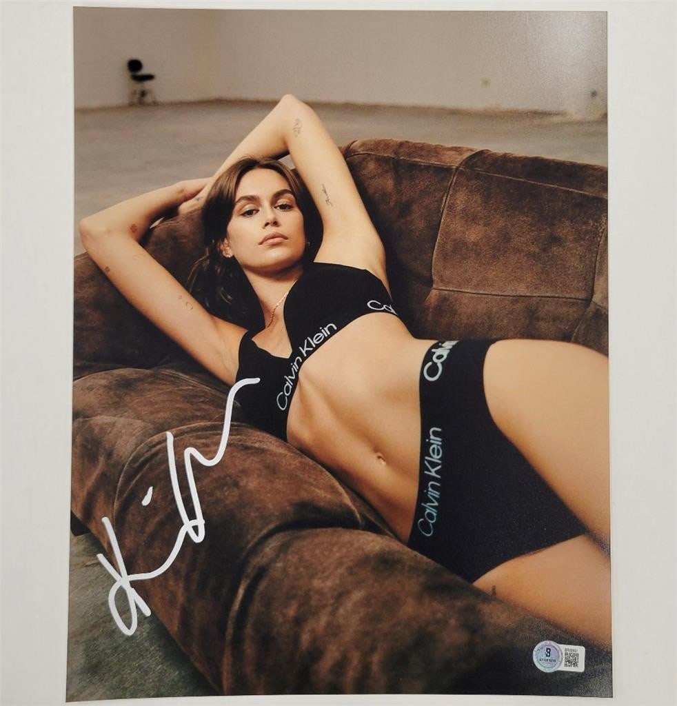 Kaia Gerber 11x14 Autographed Photo Beckett Certified: Kaia Gerber 11x14 Autographed Photo Beckett Certified This is an original 11x14 photograph of actress and model Kaia Gerber, featuring her authentic autograph. The signature has been verified by Becke