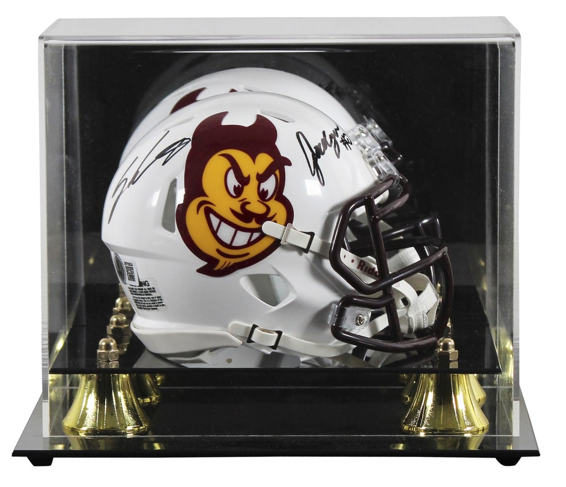 Sam Leavitt Jordyn Tyson Signed Arizona State Mini Helmet with Display Case BAS: Sam Leavitt Jordyn Tyson Signed Arizona State Mini Helmet with Display Case BAS This Arizona State Sun Devils White Speed Mini Helmet has been personally signed by players Sam Leavitt and Jordyn Tyson