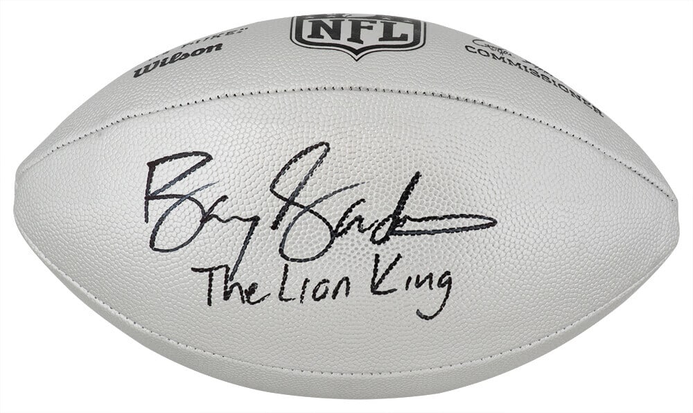 Barry Sanders Signed Wilson Duke Silver Football The Lion King - SS COA: Barry Sanders Signed Wilson Duke Silver Football The Lion King - SS COA Own a piece of NFL history with this Barry Sanders signed Wilson Duke silver metallic football. This full-size replica football