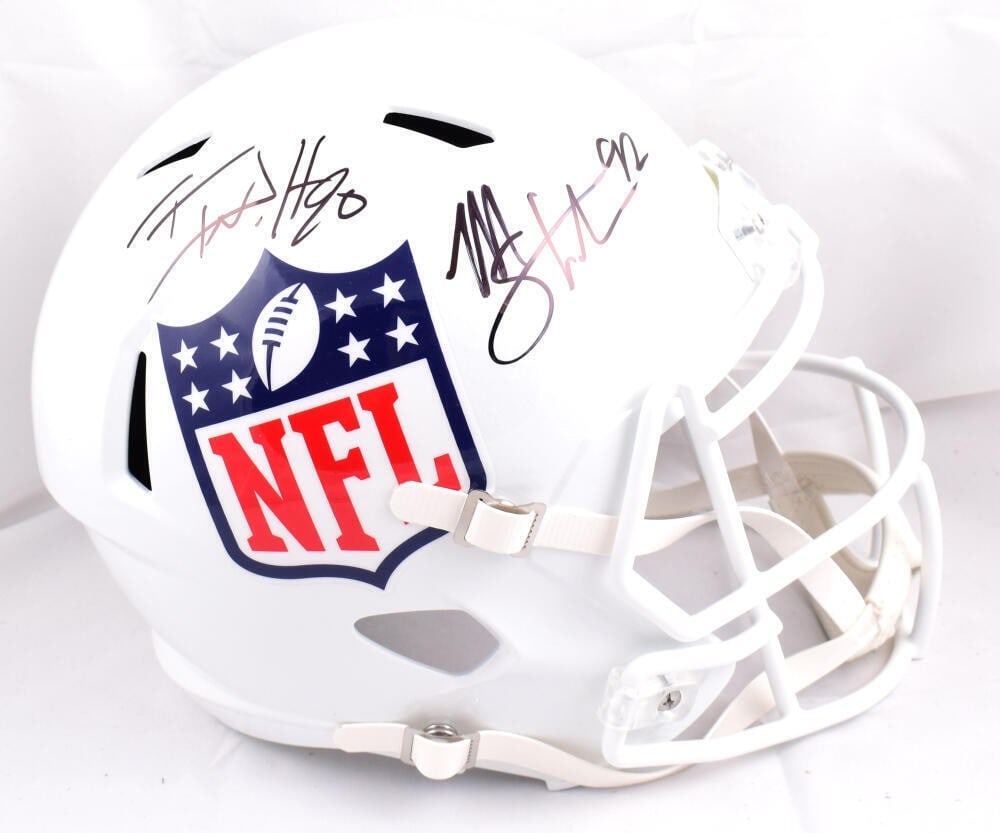 TJ Watt Michael Strahan Signed NFL Speed Helmet Beckett Auth: TJ Watt Michael Strahan Signed NFL Speed Helmet Beckett Auth This NFL full-sized Speed helmet features the autographs of two renowned players, TJ Watt and Michael Strahan. It is an original piece, rep