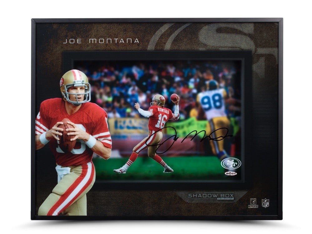 Joe Montana Signed 16x20 Framed Shadowbox Photo 49ers Upper Deck: Joe Montana Signed 16x20 Framed Shadowbox Photo 49ers Upper Deck Celebrate the legacy of Joe Montana with this stunning 16X20 framed shadowbox photo titled "Prolific Passer." Featuring the legendary q