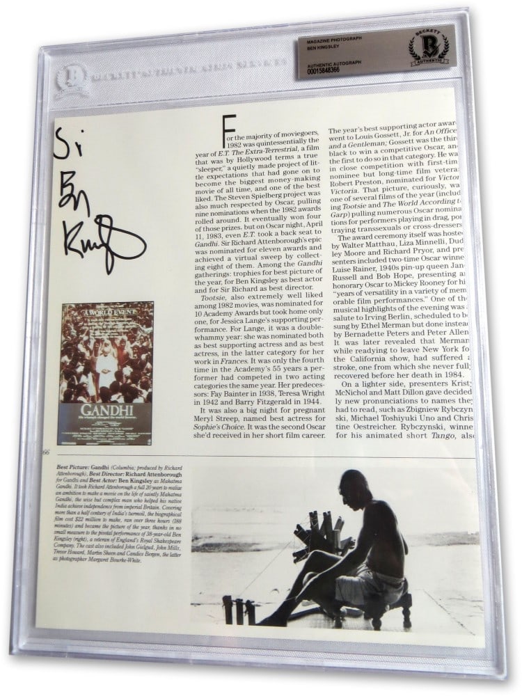 Sir Ben Kingsley Autographed Photo Ghandi Beckett Authenticated 8.75 x 12: Sir Ben Kingsley Autographed Photo Ghandi Beckett Authenticated 8.75 x 12 This is an original autographed magazine photo of Sir Ben Kingsley, renowned for his role in the film 'Gandhi'. The photograph