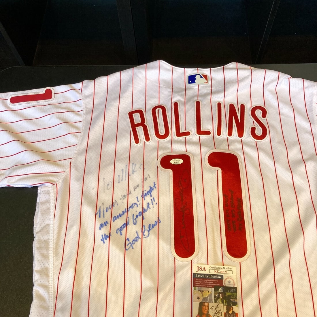 Jimmy Rollins Signed Phillies Jersey 2008 World Series MVP JSA COA Inscribed: Jimmy Rollins Signed Phillies Jersey 2008 World Series MVP JSA COA Inscribed Celebrate a pivotal moment in baseball history with this rare Jimmy Rollins signed and heavily inscribed authentic game-iss