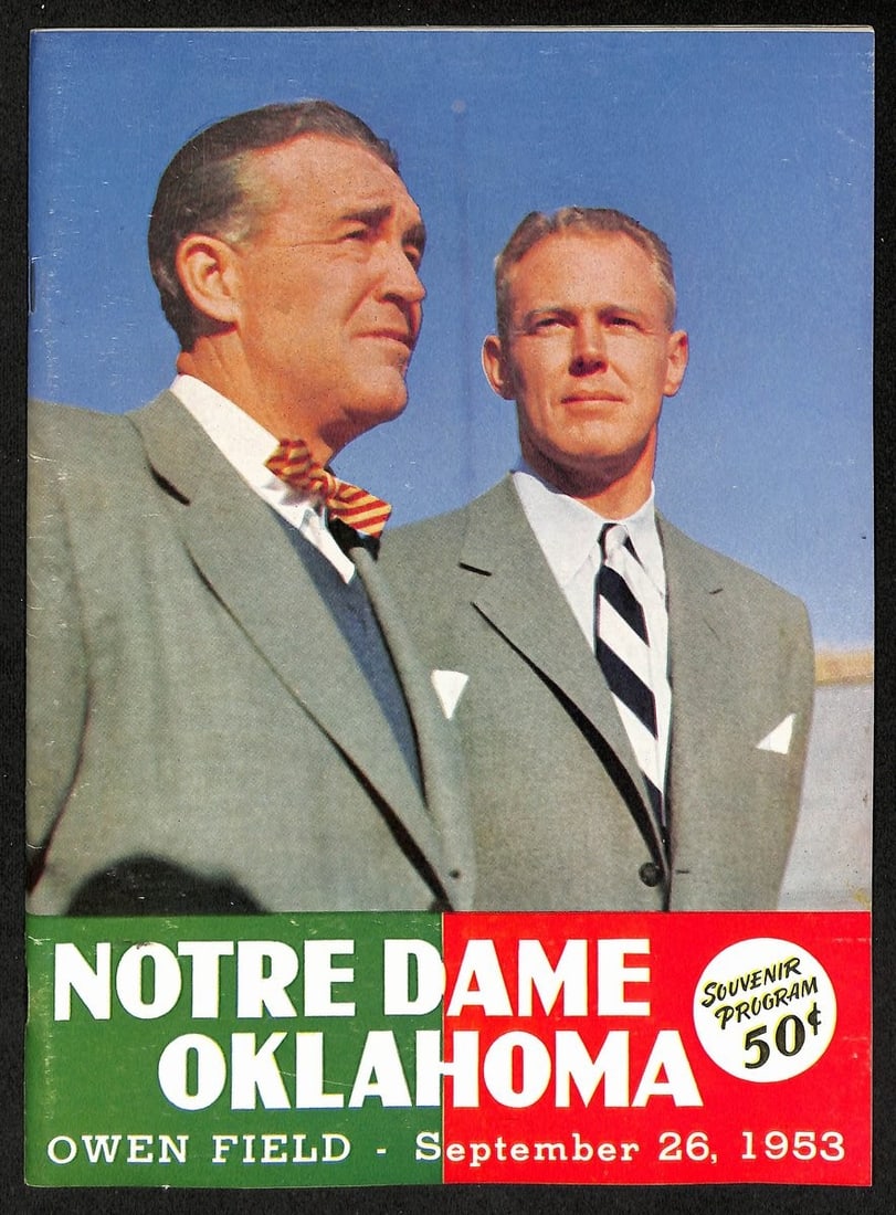 1953 Notre Dame vs Oklahoma Football Program Wilkinson Leahy Coaches: 1953 Notre Dame vs Oklahoma Football Program Wilkinson Leahy Coaches This is an original 1953 Notre Dame vs. Oklahoma College Football Game Program, featuring iconic coaches Bud Wilkinson and Frank Le