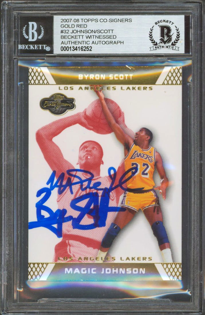 Magic Johnson Byron Scott Signed 2007 Topps Co-Signers Card Beckett Authenticated: Magic Johnson Byron Scott Signed 2007 Topps Co-Signers Card Beckett Authenticated This autographed 2007 Topps Co-Signers Gold Red #32 card features the signatures of NBA legends Magic Johnson and Byro