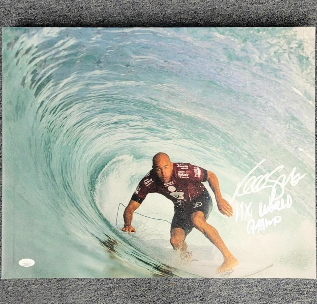 Kelly Slater 11x World Champion Signed 16x20 Canvas Photo JSA Authenticated: Kelly Slater 11x World Champion Signed 16x20 Canvas Photo JSA Authenticated Celebrate the legacy of surfing with this original 16x20 canvas photograph signed by the legendary Kelly Slater, an 11-time