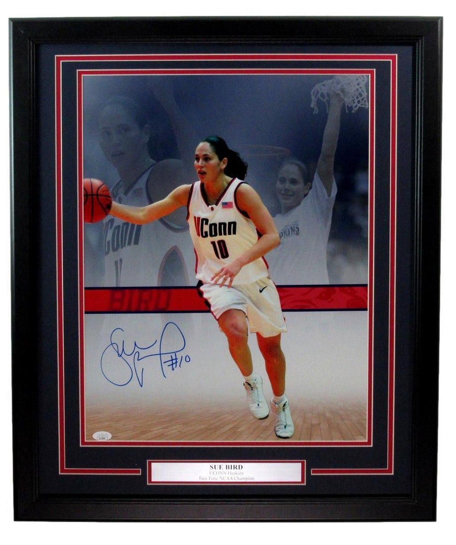 Sue Bird Autographed 16x20 UCONN Huskies Photo Framed JSA Certified: Sue Bird Autographed 16x20 UCONN Huskies Photo Framed JSA Certified Celebrate the legacy of basketball superstar Sue Bird with this stunning autographed 16x20 photo showcasing her prowess while playin