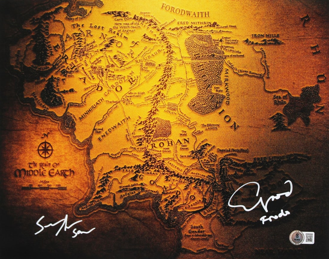 Elijah Wood Sean Astin Signed 11x14 Middle Earth Map Photo BAS Authenticated (1 of 1)